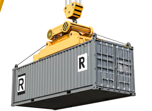 Red shipping container being lifted by a crane with cables isolated on transparent background