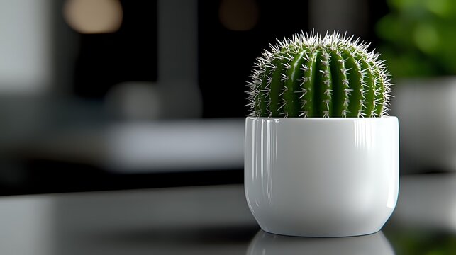 Small round barrel cactus in modern white ceramic pot against blurred dark background, minimalist home decor composition with selective focus.