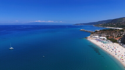 Aerial view of Tropea beach, a popular tourist destination in Calabria, Southern Italy, with its...