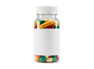 Clear glass medicine bottle filled with colorful capsules isolated on transparent background