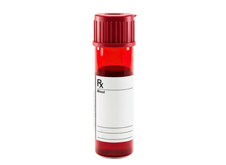 Red medical specimen tube with blood sample isolated on transparent background