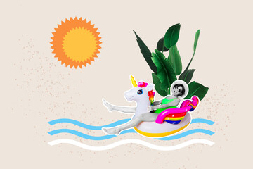 Image 3d zine full collage of happy girl ride unicorn lifebuoy swim sea summer vacation chill sunny...