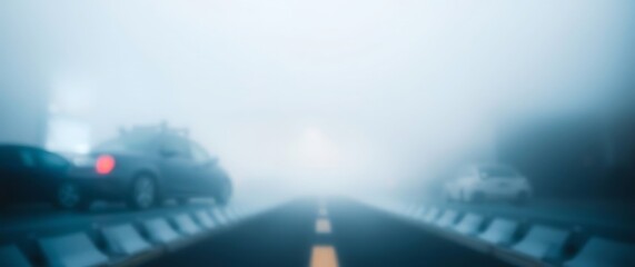 A foggy road with blurred cars creates a mysterious and eerie atmosphere, highlighting the risks and challenges of driving in low visibility conditions