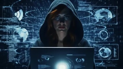 A person in a hooded sweatshirt, focused on a laptop screen displaying complex digital data - Powered by Adobe