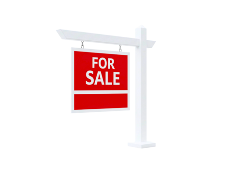 Red and white real estate for sale sign on a black pole isolated on transparent background