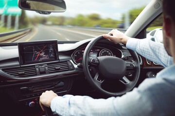 Flat design is showing back seat view of right-hand drive car, driver steering and shifting gears
