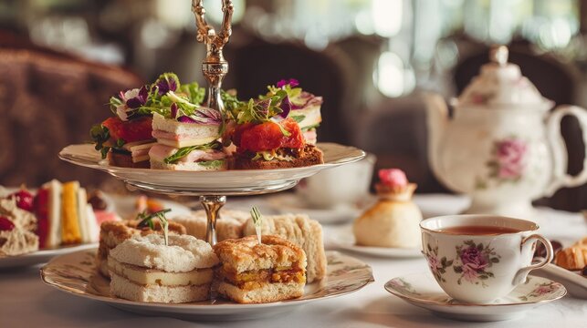 Elegant tiered stand of sandwiches, scones, and pastries for high tea