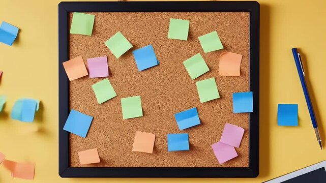 Corkboard with scattered colorful sticky notes and pen on a yellow surface, top-down view