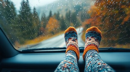 Woman's colorful socks rest on the car dashboard as rain streaks down the window
