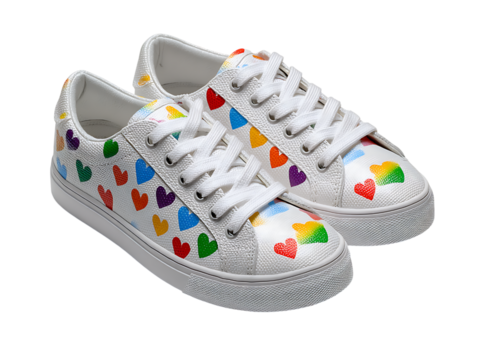 Rainbow heart canvas sneakers womens casual low top shoes, Isolated On White, Transparent Background, Png
