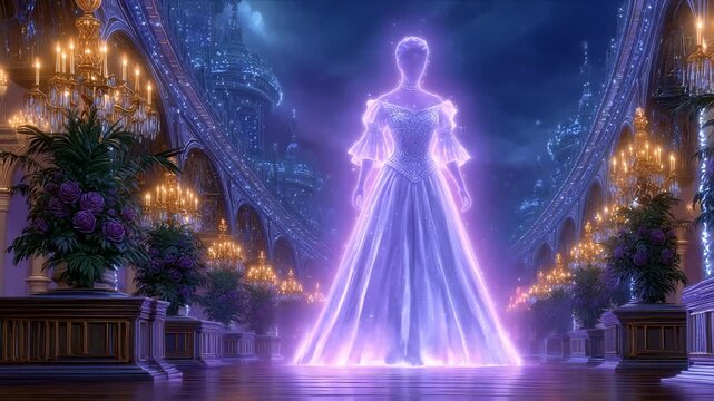 Ethereal glowing woman in elegant royal ballroom. Evoking fantasy, mystery, and grand spectacle. Ideal for fairy tales, or mystical narratives.