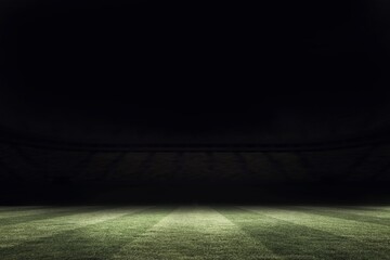 Grass pitch is glowing under floodlights in flat design sports stadium, showing mowing stripes