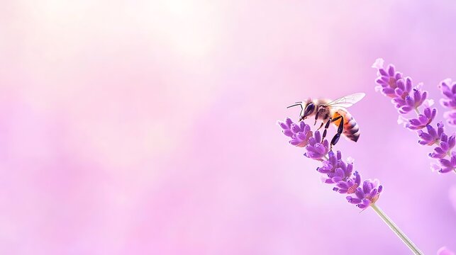 Busy bee gathering nectar on delicate lavender flowers in soft sunlight - Powered by Adobe
