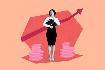 Pop art collage of person stand with coins stock arrows increase on orange background
