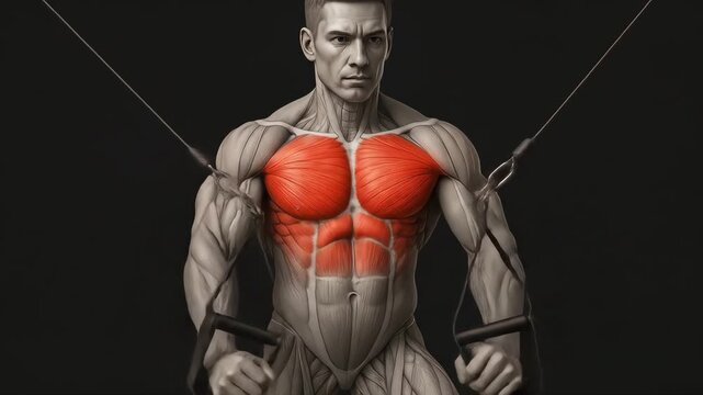 3D anatomical render of a male athlete performing cable chest fly exercise, with pectoral muscles highlighted in red. Dark background, ideal for educational and fitness-focused visuals.