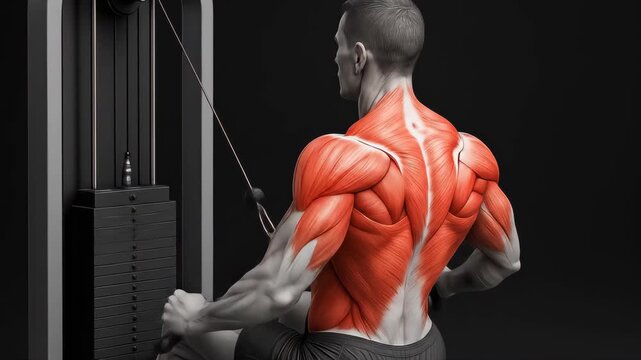 3D anatomical illustration of a male athlete performing a cable lat pulldown, with active back muscles highlighted in red. Fitness educational visual on dark background for training and anatomy learni