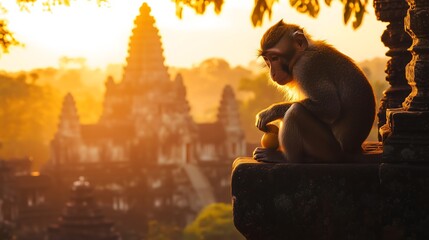 A monkey sits on a stone ledge holding an orange object back lit by a warm golden sun over a blurred ancient temple