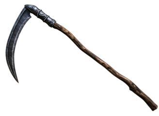 Ancient grim reaper scythe weapon with wooden handle isolated on transparent background