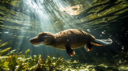 A platypus swims gracefully underwater with sunlight rays piercing through the water surface Bubbles surround the mammal