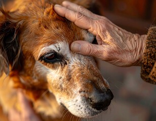 Tender Touch: An intimate moment shared as an elderly hand gently caresses the head of a loyal canine companion, symbolizing care and companionship in a heartwarming display of love and tenderness.
