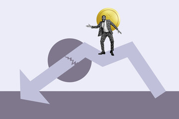 Full 3d image collage of inexperienced businesswoman businessman stand arrow decline dollar loss...