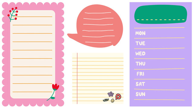 Cute Planner Stickers:  A collection of adorable planner stickers featuring lined notes, speech bubbles, and a weekly planner, perfect for adding a touch of whimsy to your organization.