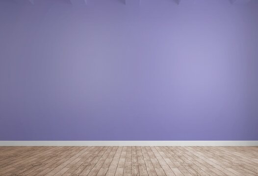 Fototapeta Showing flat design purple painted wall rising above light wood floor with white baseboard trim