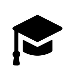 A flat vector icon of a classic graduation cap with a tassel, representing academic achievement, success, and the culmination of school years. 