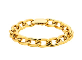 Close up of a thick gold curb chain bracelet with a secure clasp isolated on transparent background