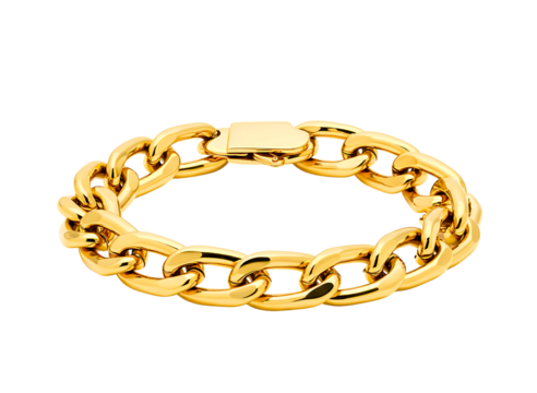 Close up of a thick gold curb chain bracelet with a secure clasp isolated on transparent background