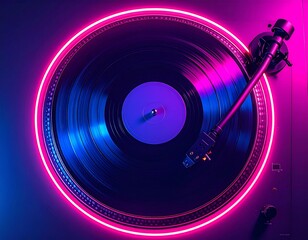 Vinyl's Neon Embrace: A mesmerizing overhead shot of a turntable, bathed in vibrant neon hues of blue and pink. The scene, with the classic vinyl record at its core.