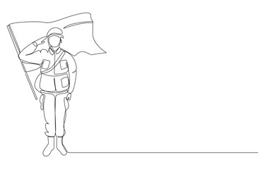 Soldier Saluting with Flag Single Line Drawing, happy Veterans day continuous line art drawing