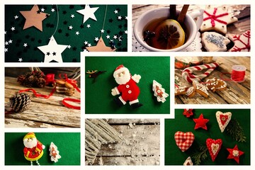 Flat collage design showcasing felt Santa ornament and Christmas treats on green felt backdrop