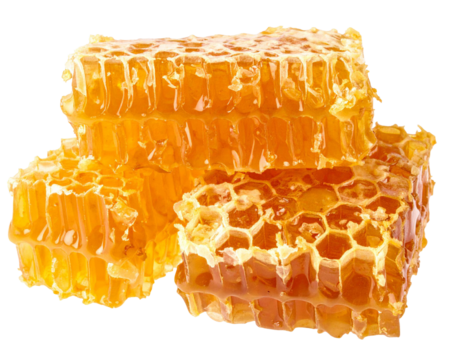 Honeycomb sections stacking vertically, revealing golden hexagonal patterns against transparent backdrop