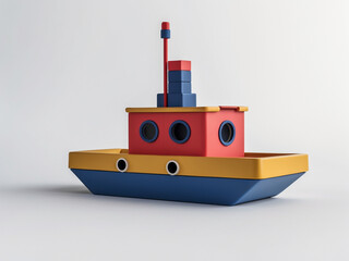 Simple and colorful wooden toy boat. A classic tugboat with primary colors (red, blue, yellow) isolated on a white background. Perfect for childhood or travel concepts.