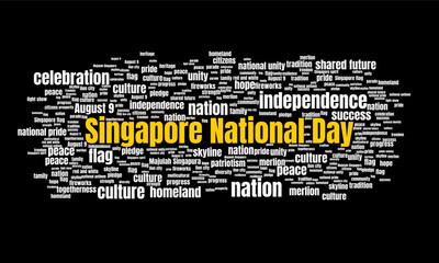Singapore National Day Word Cloud with Patriotism, Celebration, and Cultural Identity Terms. Ideal design for social media, cover, banner, flyer, ads.