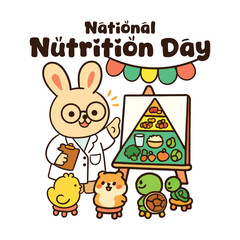National Nutrition Day Smart Bunny Teaching Animal Friends About Healthy Food and Balanced Nutrition with Enthusiasm