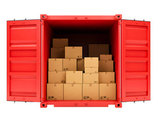 Open red shipping container filled with cardboard boxes isolated on transparent background