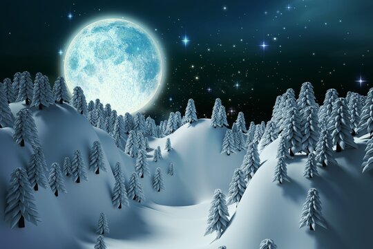Trees on snowcapped mountain against full moon