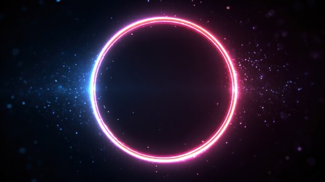 Vibrant photo of loop motion of glowing neon ring and dark galaxy star background. Cyber Futuristic High Speed light zoom. Circles laser show fashion. Backdrop beam blur.