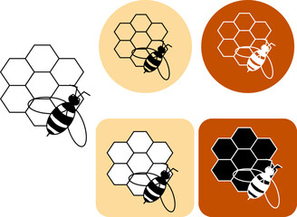 Honeycomb and bee logotype. Vector graphic line illustration. Banner, poster, wrapping paper, sticker, print, modern textile design. For logo, web, package, sticker.