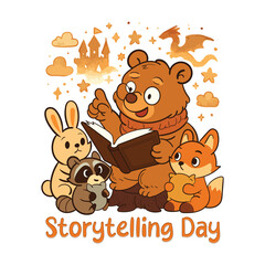 Obraz premium Storytelling Day Warmhearted Bear Telling Magical Stories to Animal Friends Gathered Around with Wonder and Joy