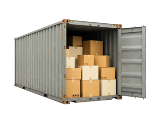 Open red shipping container filled with cardboard boxes isolated on transparent background