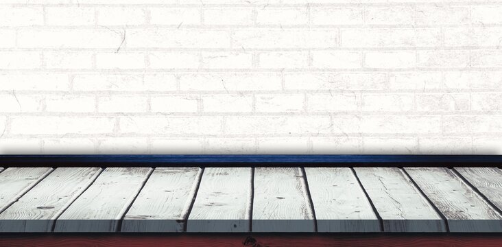 Fototapeta Whitewashed wooden tabletop is anchoring flat design studio scene, with brick wall, dark trim