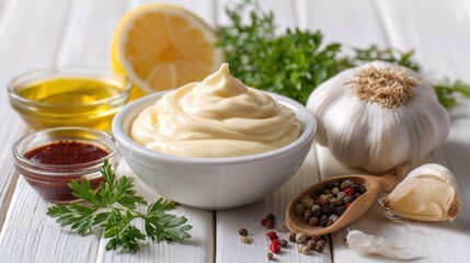 High-quality photo of traditional mayonnaise sauce in white ceramic bowl and ingredients for its preparation on white wooden background. Selective focus.
