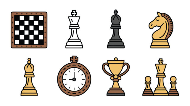 World Chess Day vector icon set with king queen knight bishop rook pawn smiling chess pieces