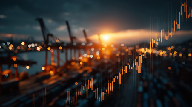 Navigating Global Commerce: An illuminated stock chart overlaid onto a bustling port at dusk. The scene evokes the movement of global commerce and economic trends.