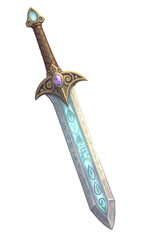 Majestic sword design featuring intricate patterns and gemstones set against a plain background suitable for fantasy art enthusiasts