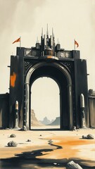 A surreal digital artwork of a massive triumphal arch in a futuristic desert landscape, standing alone among dunes , blending sci-fi architecture with a cinematic, dreamlik