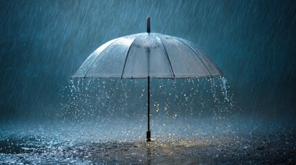 High-quality photo of transparent umbrella under heavy rain against water drops splash background. Rainy weather concept.